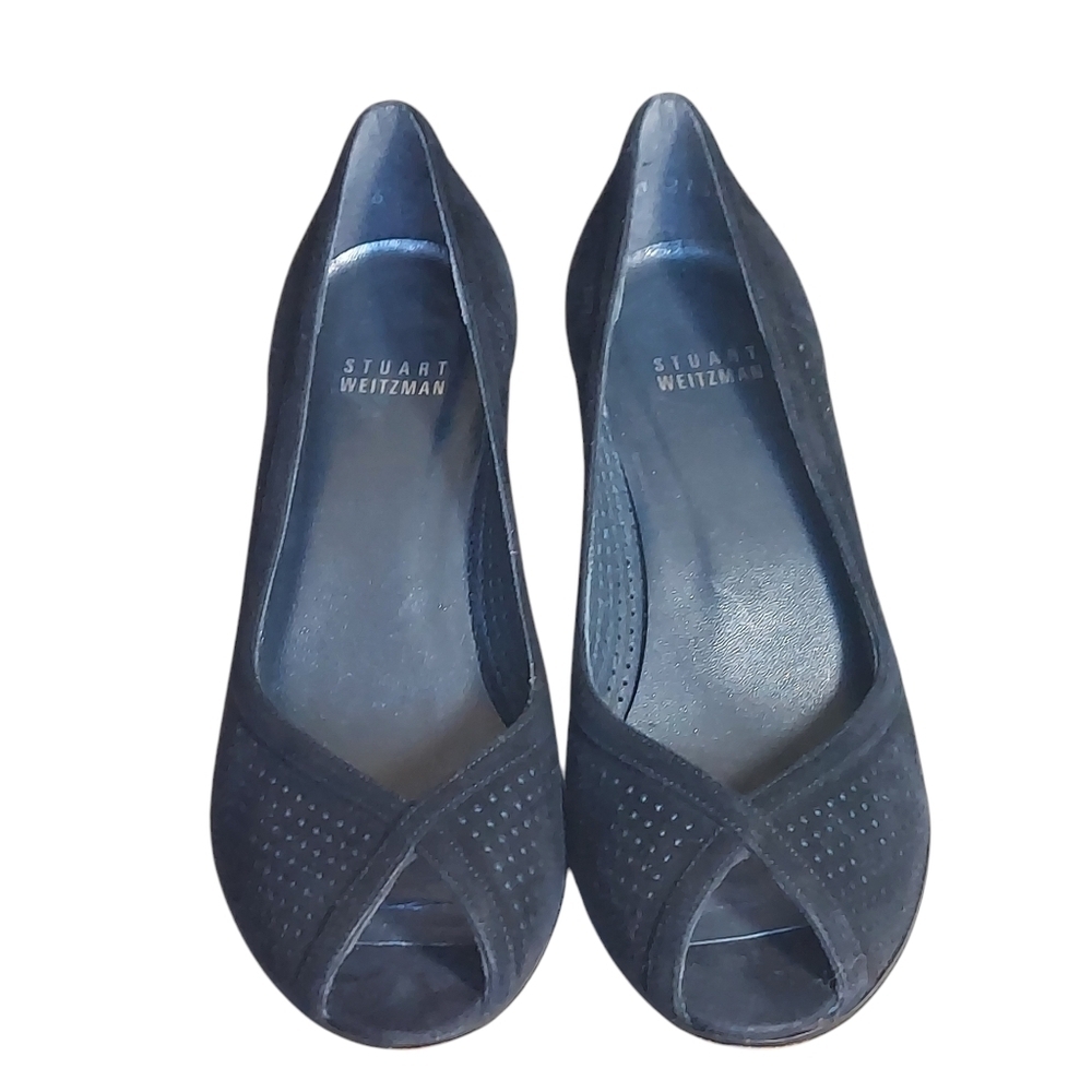 Stuart Weitzman Black Suede Lasercut Perforations Peep Toe Kitten Heel Pumps